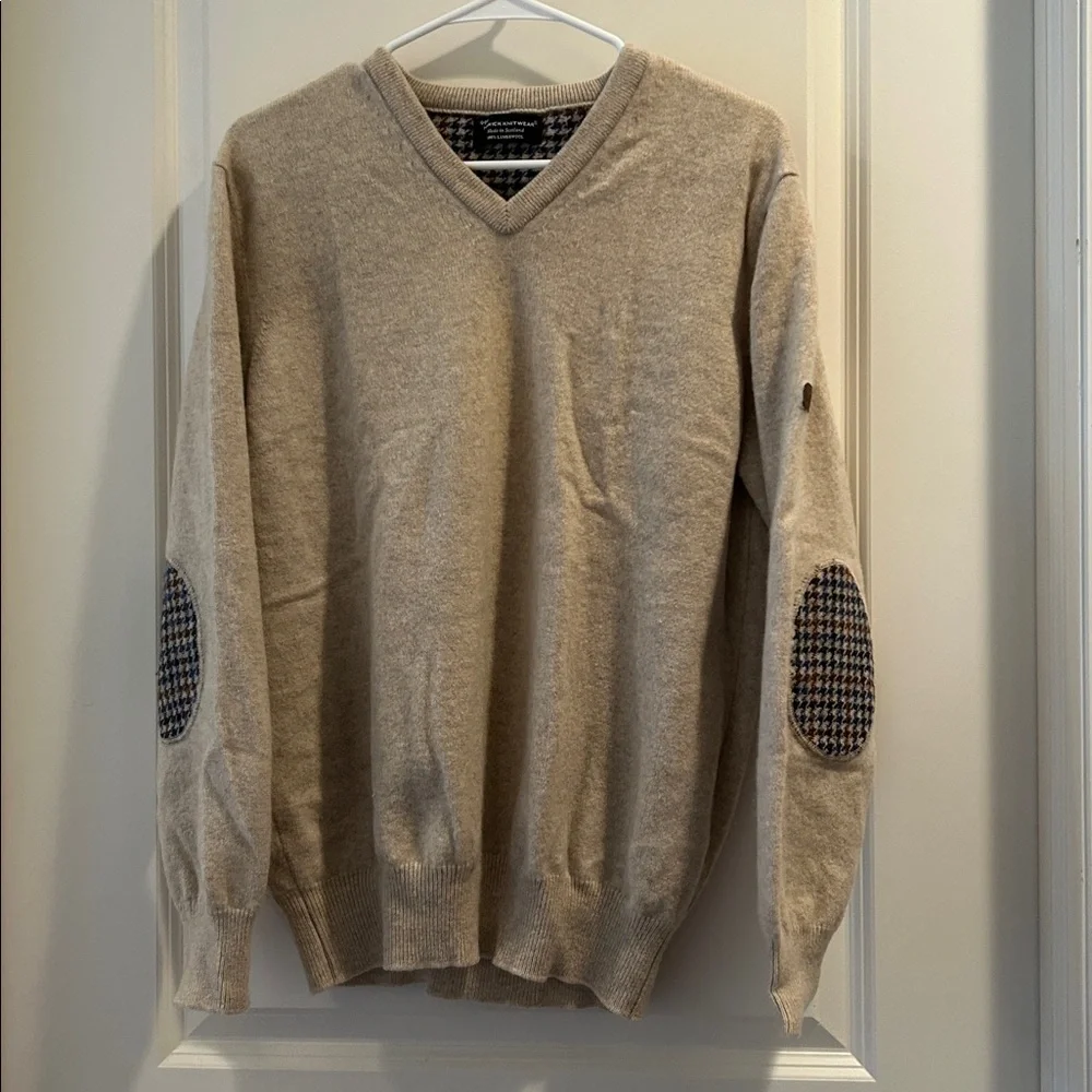 Hawick Knitwear 100% Lambswool Scotland V-neck sweater elbow knit patchwork L